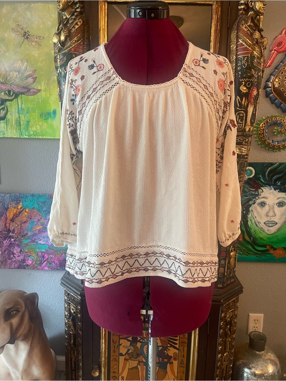 Knox Rose Cream Embroidered Peasant Top
